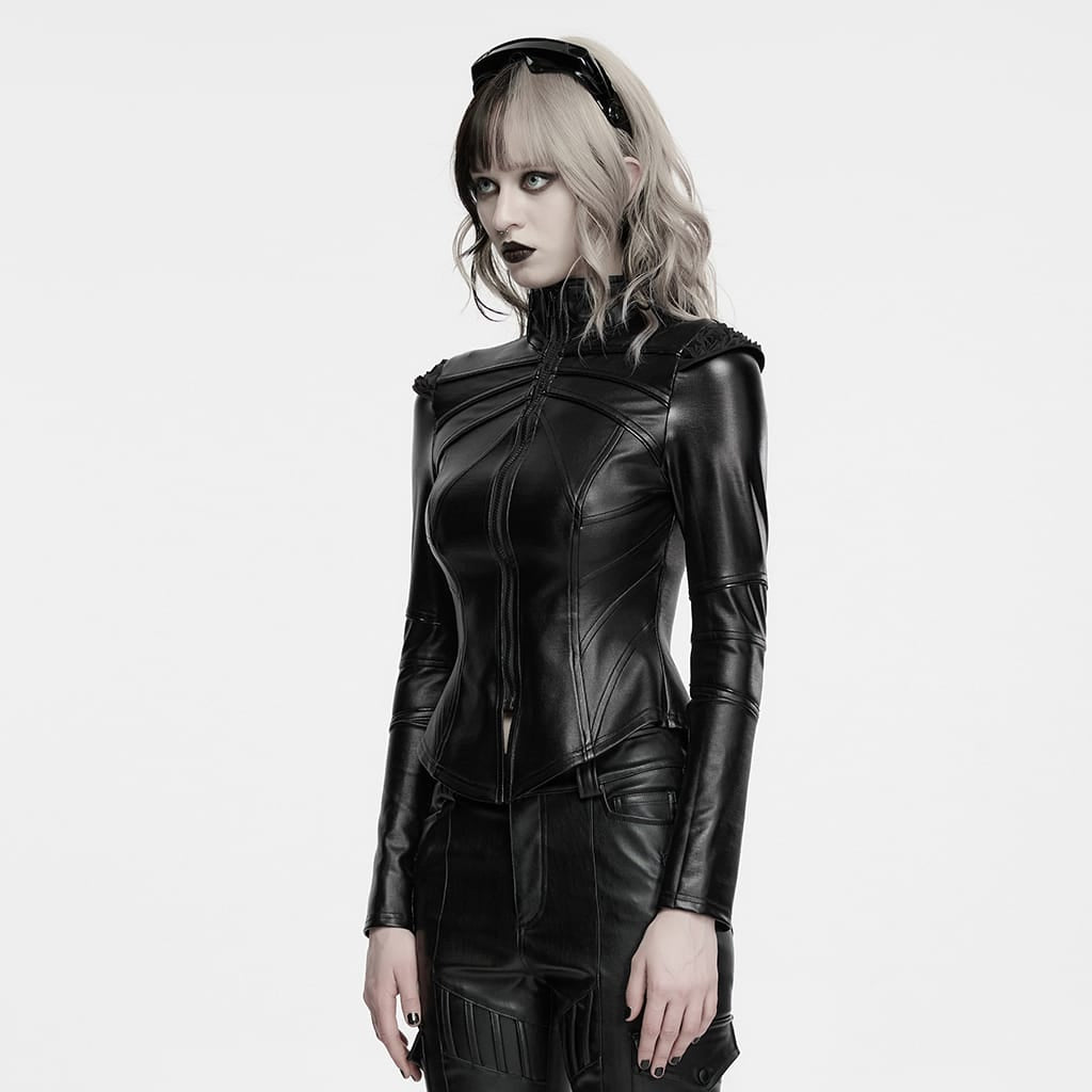 PUNK RAVE Women's Cyberpunk Geometric Spiked Shoulder Panel Zip Front Jacket