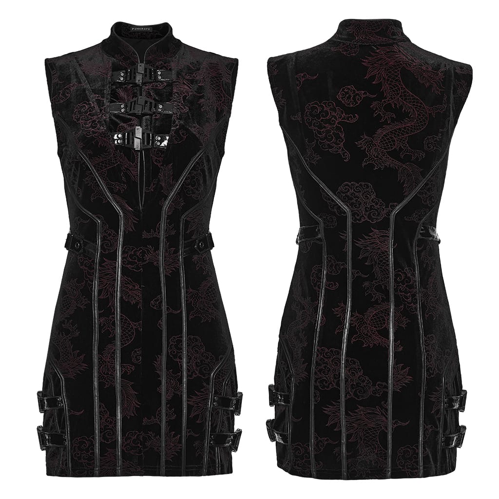 PUNK RAVE Women's Cyberpunk Jacquard Buckle Strap Sleeveless Dress