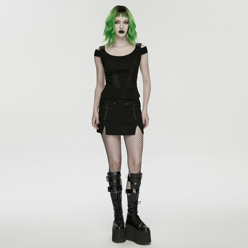 PUNK RAVE Women's Cyberpunk Mesh Rivets Short Sleeved T-shirt Black