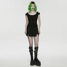 PUNK RAVE Women's Cyberpunk Mesh Rivets Short Sleeved T-shirt Black