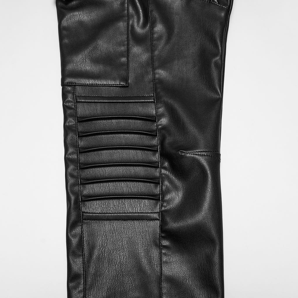 PUNK RAVE Women's Cyberpunk Multi Pocket Ruched Knee Faux Leather Skinny Pants