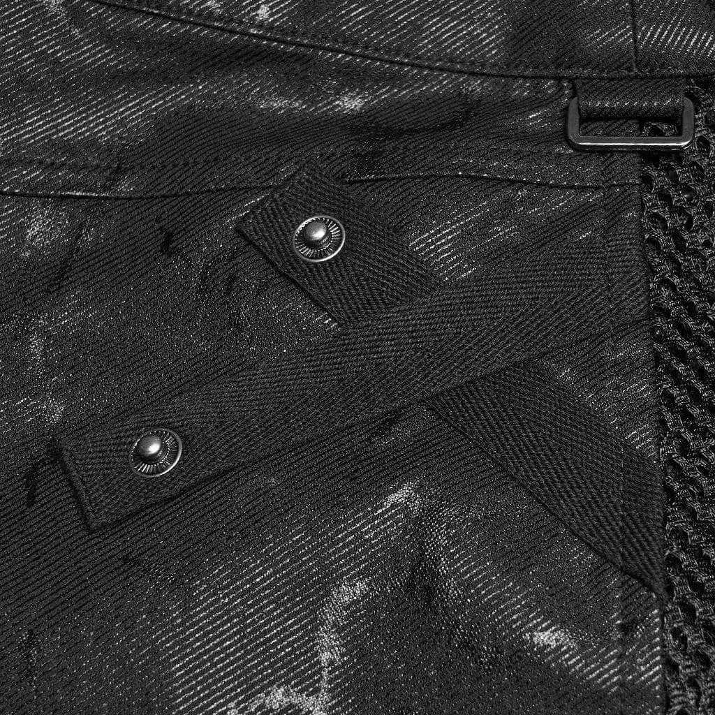 PUNK RAVE Women's Cyberpunk Printed Mesh Splice Skirt with Detachable Pocket