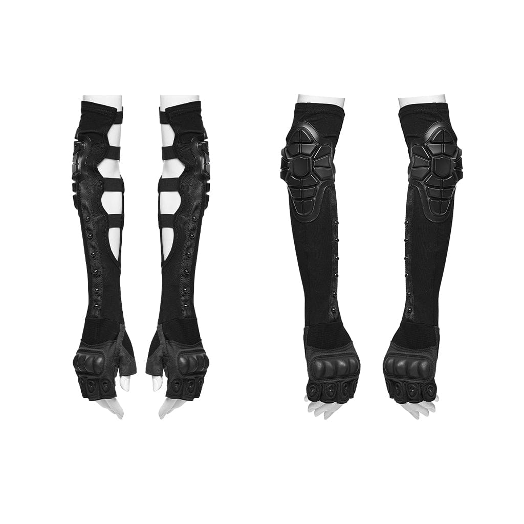 PUNK RAVE Women's Cyberpunk Rivets Fingerless Long Gloves Black