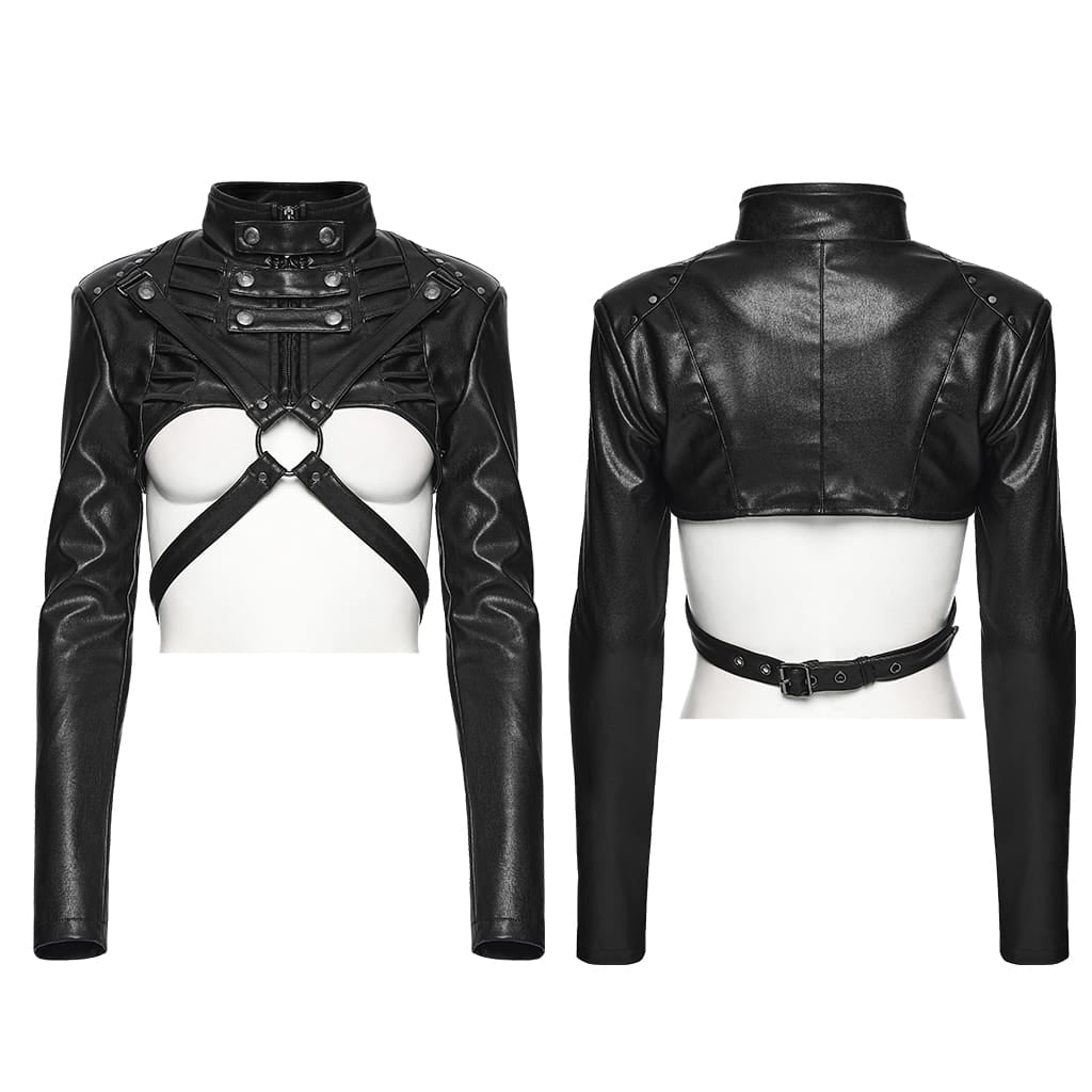 PUNK RAVE Women's Cyberpunk Stand Collar Buckle Strap Cropped Jacket