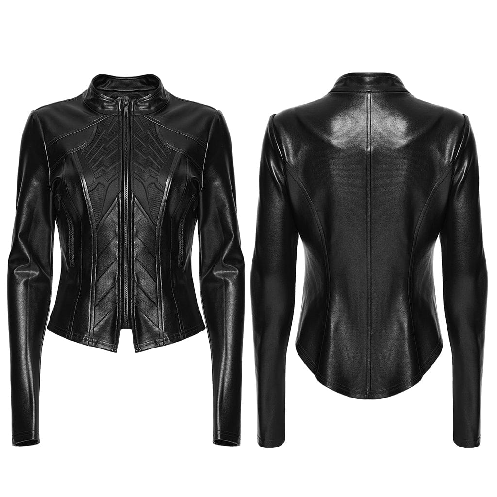 PUNK RAVE Women's Cyberpunk Stand Collar Embossed Slim Fit Jacket