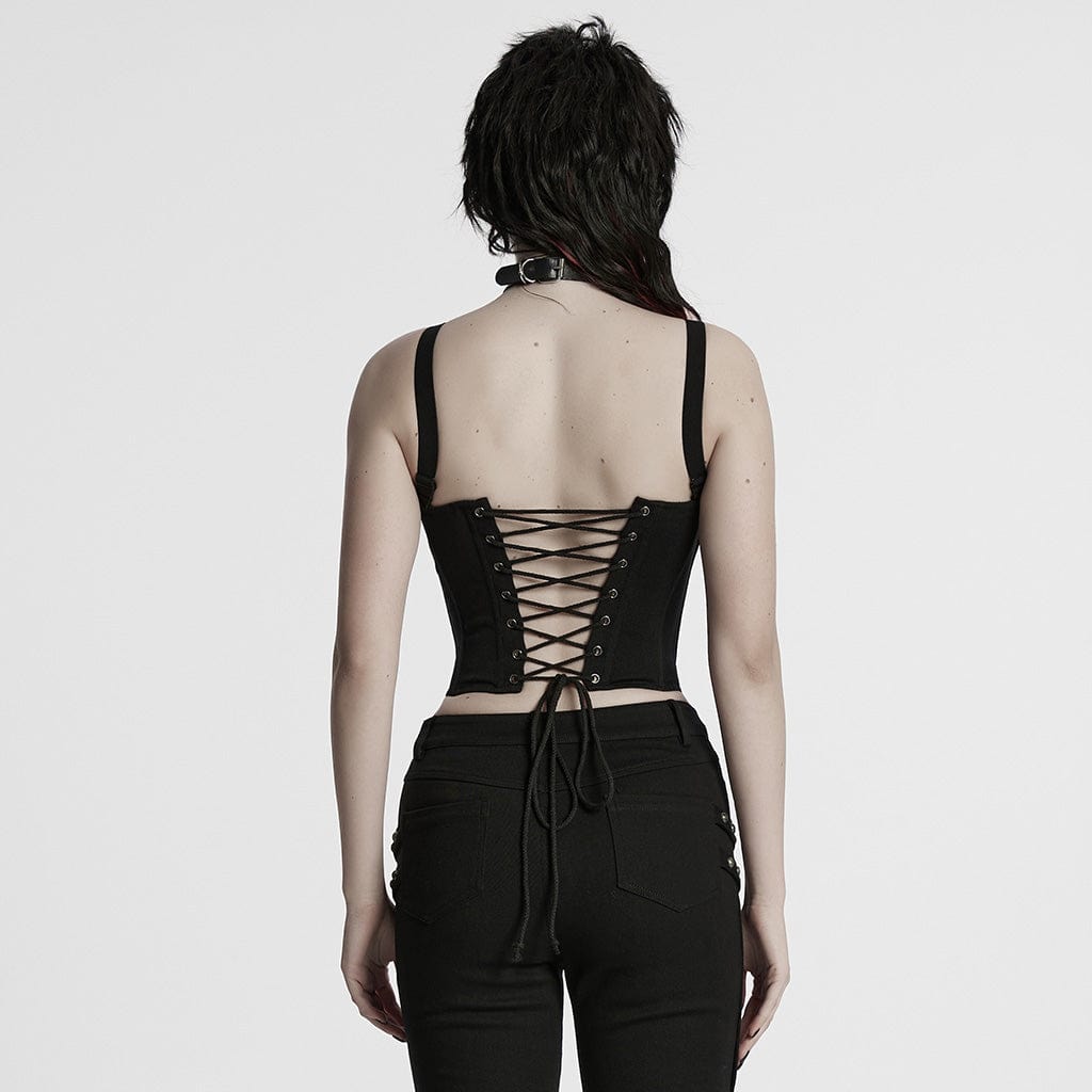 PUNK RAVE Women's Cyberpunk Studded Buckle Lace-up Tank Top