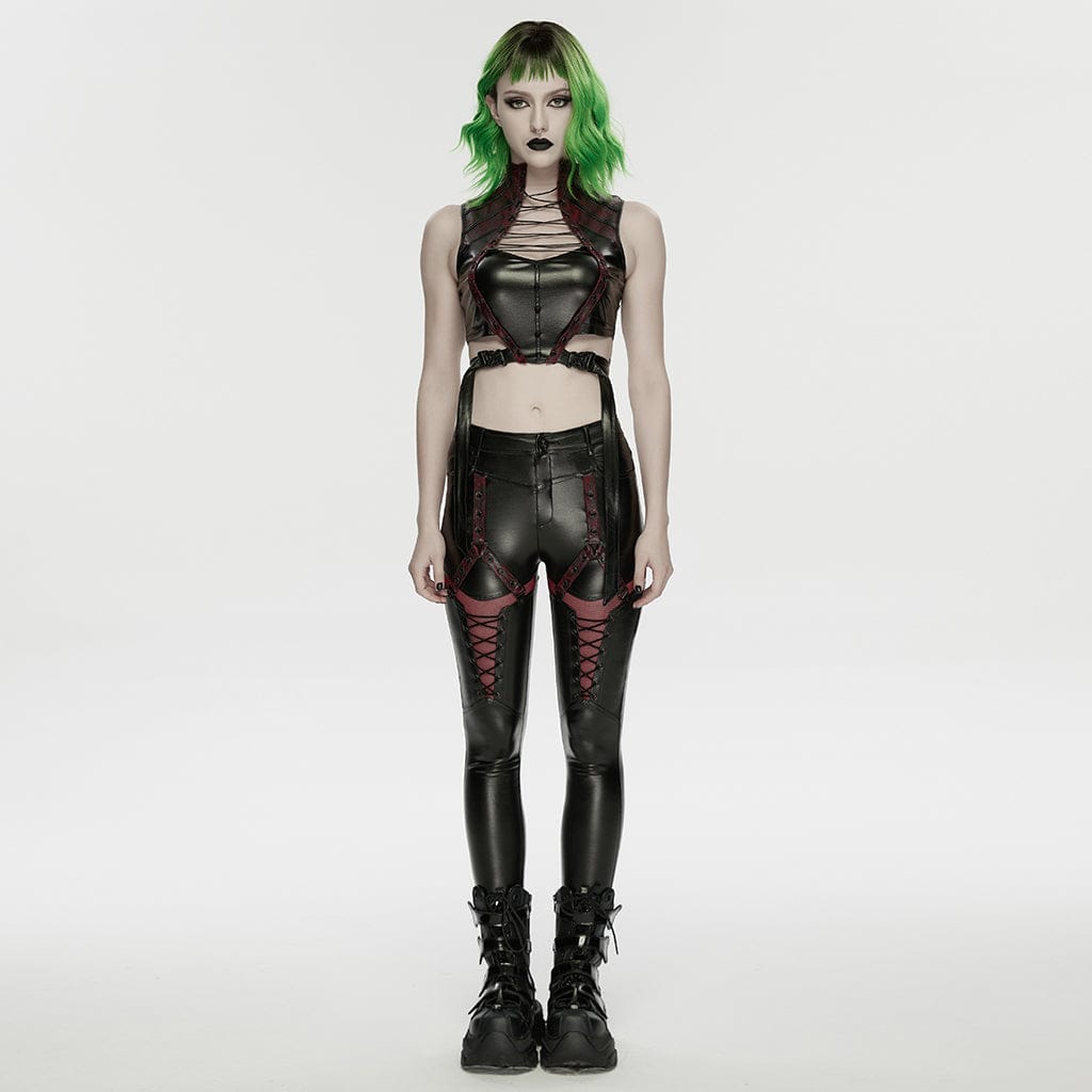 PUNK RAVE Women's Cyberpunk Studded Cutout Strappy Crop Top Black-Red