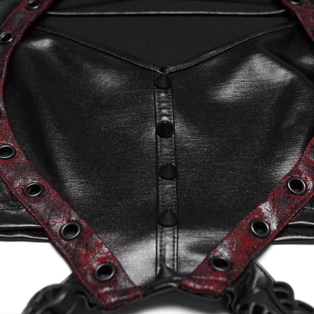 PUNK RAVE Women's Cyberpunk Studded Cutout Strappy Crop Top Black-Red