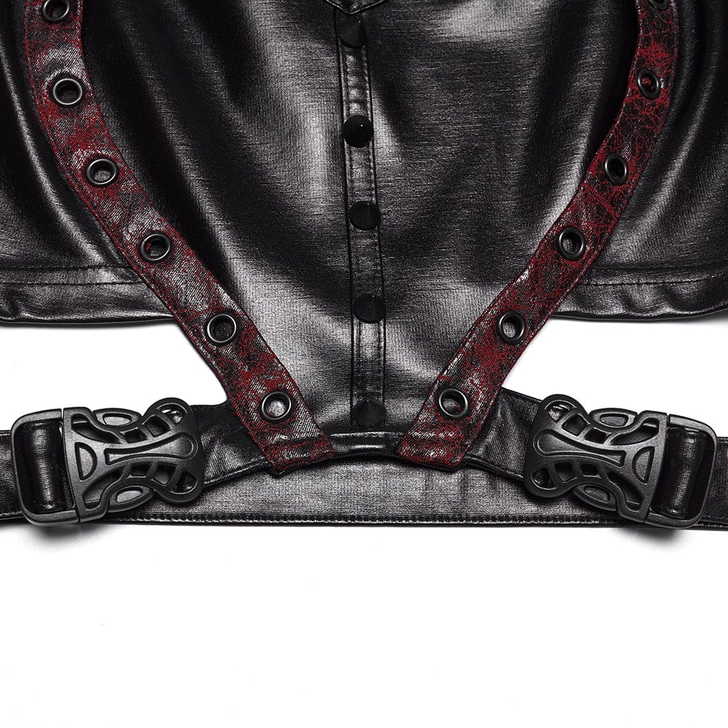 PUNK RAVE Women's Cyberpunk Studded Cutout Strappy Crop Top Black-Red