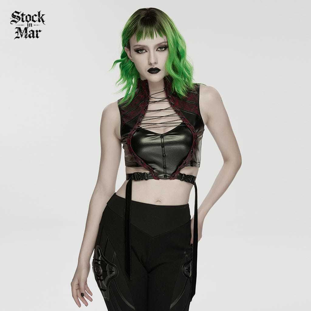 PUNK RAVE Women's Cyberpunk Studded Cutout Strappy Crop Top Black-Red