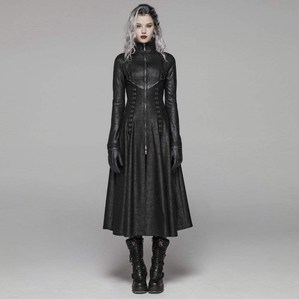 PUNK RAVE Women's Goth Front Zipper Stand Collar Maxi Overcoat