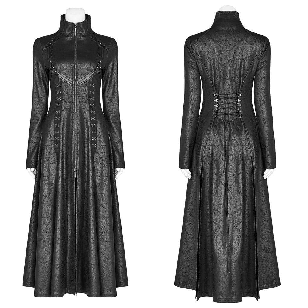 PUNK RAVE Women's Goth Front Zipper Stand Collar Maxi Overcoat