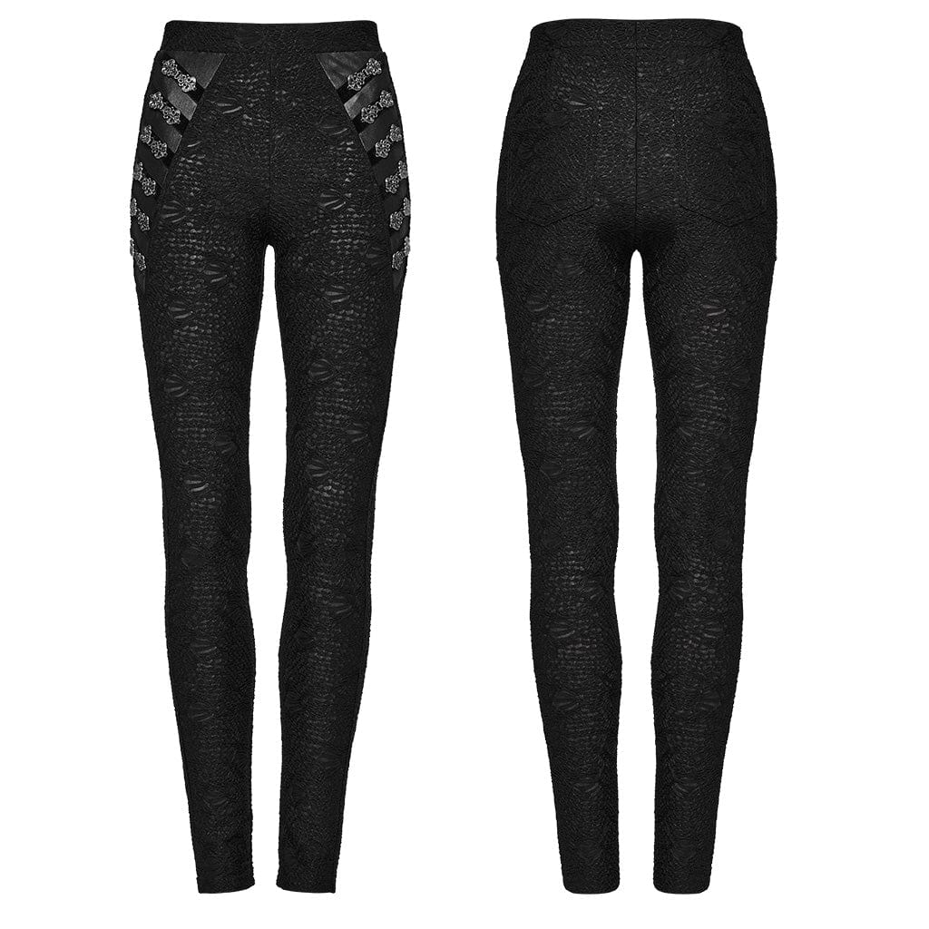 PUNK RAVE Women's Goth Mesh Slim Fitted Texture Leggings