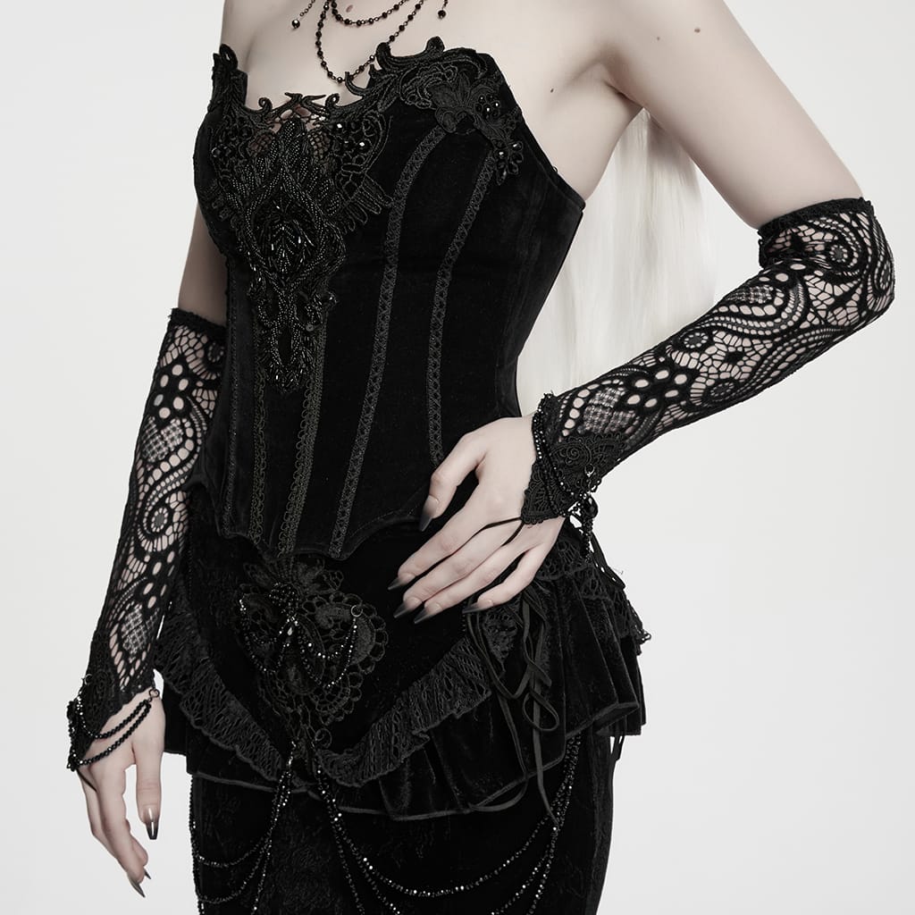 PUNK RAVE Women's Gothic Applique Beaded Long Gloves Black