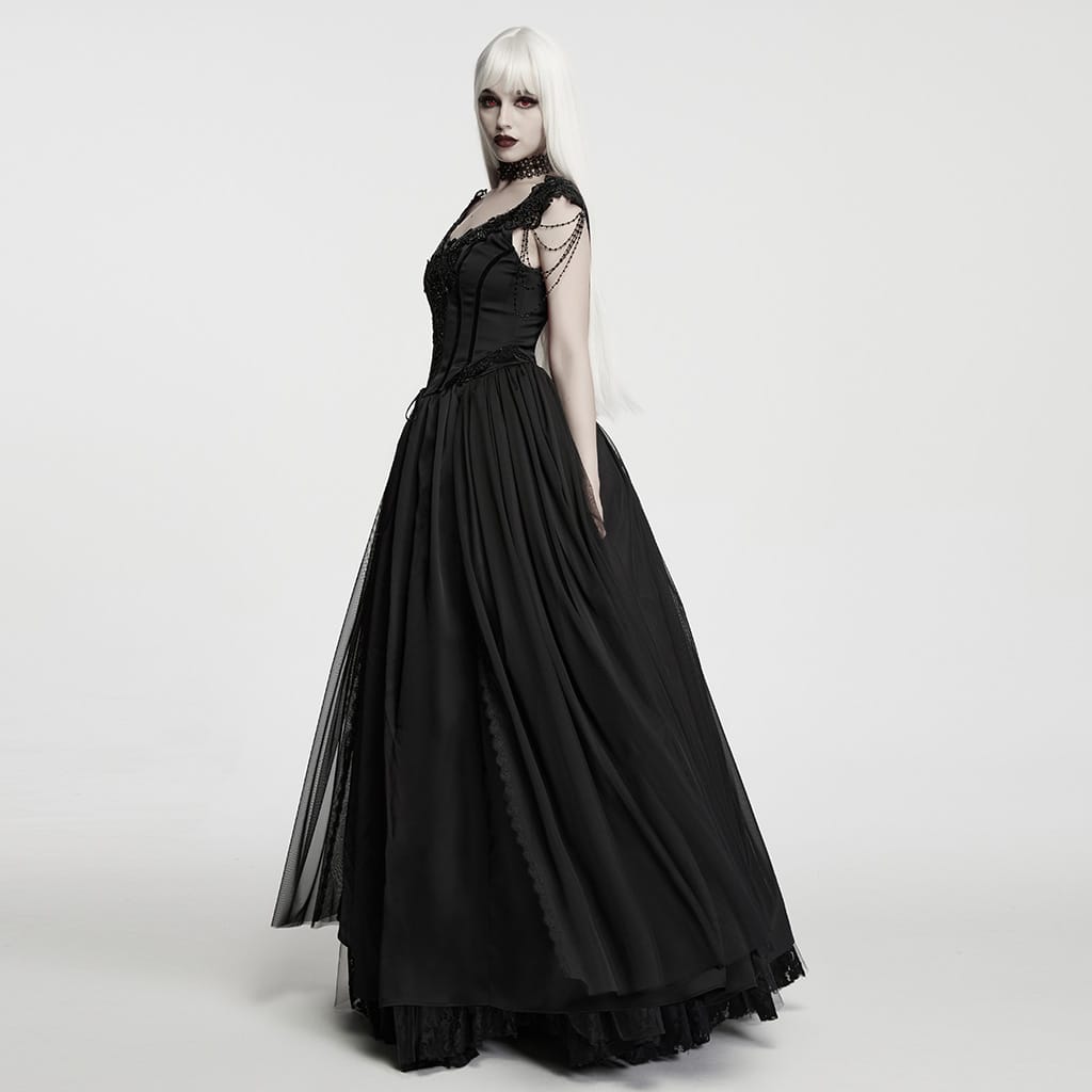 PUNK RAVE Women's Gothic Applique Chained Sleeveless Maxi Dress Black