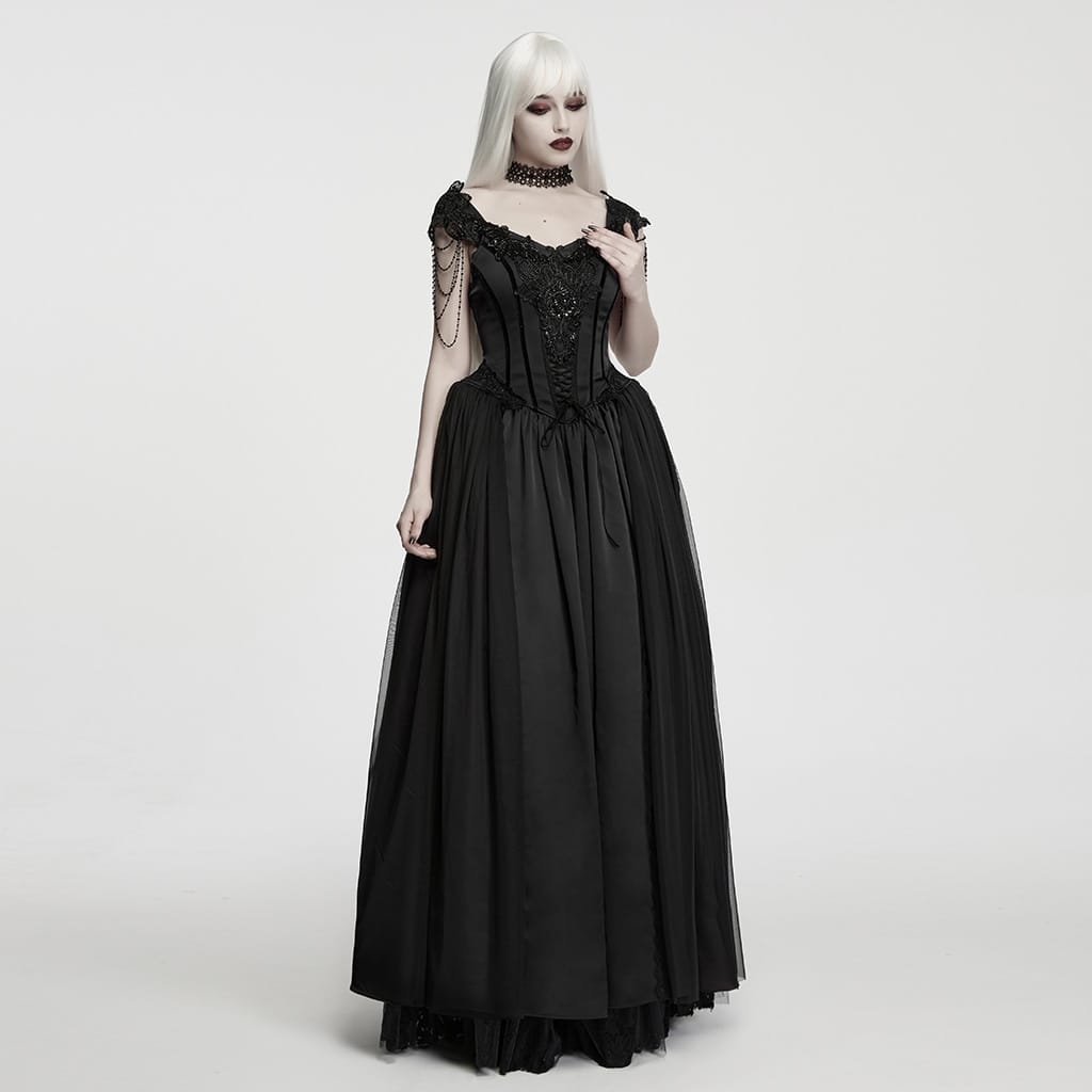 PUNK RAVE Women's Gothic Applique Chained Sleeveless Maxi Dress Black