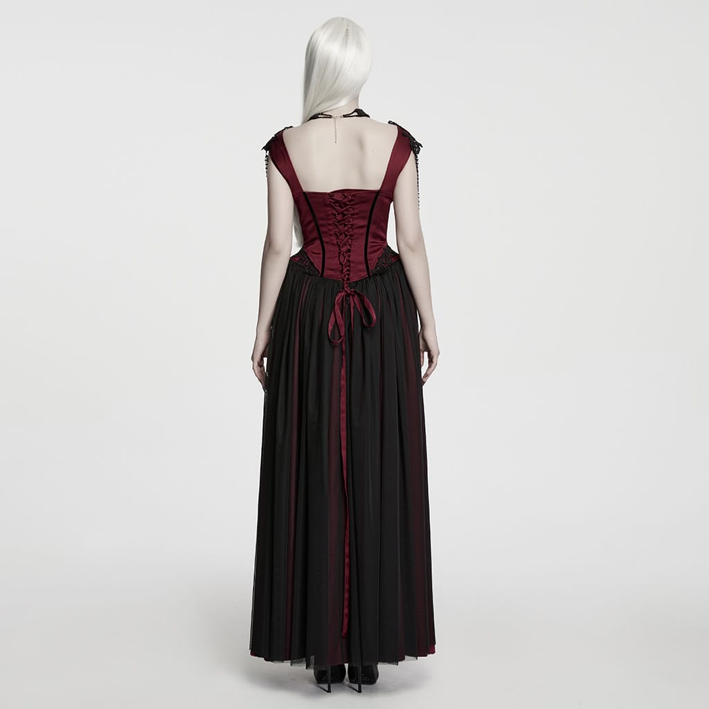 PUNK RAVE Women's Gothic Applique Chained Sleeveless Maxi Dress Black-Red