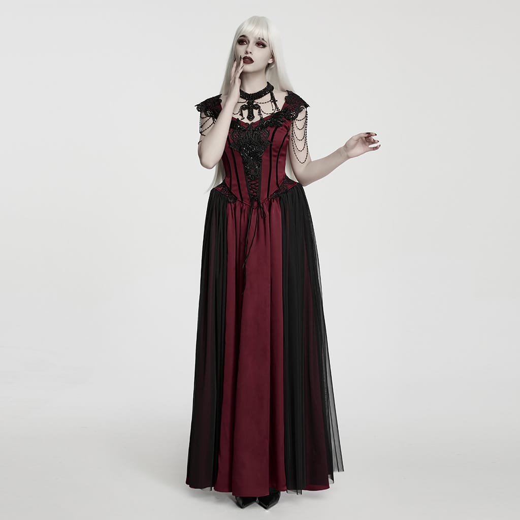 PUNK RAVE Women's Gothic Applique Chained Sleeveless Maxi Dress Black-Red
