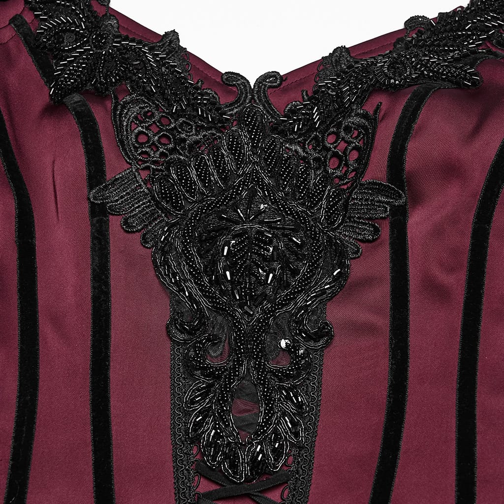 PUNK RAVE Women's Gothic Applique Chained Sleeveless Maxi Dress Black-Red