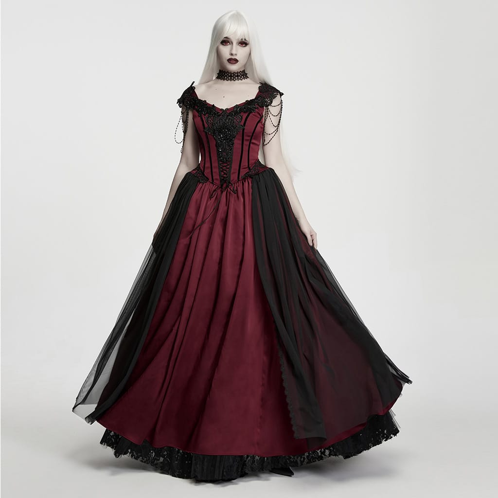 PUNK RAVE Women's Gothic Applique Chained Sleeveless Maxi Dress Black-Red