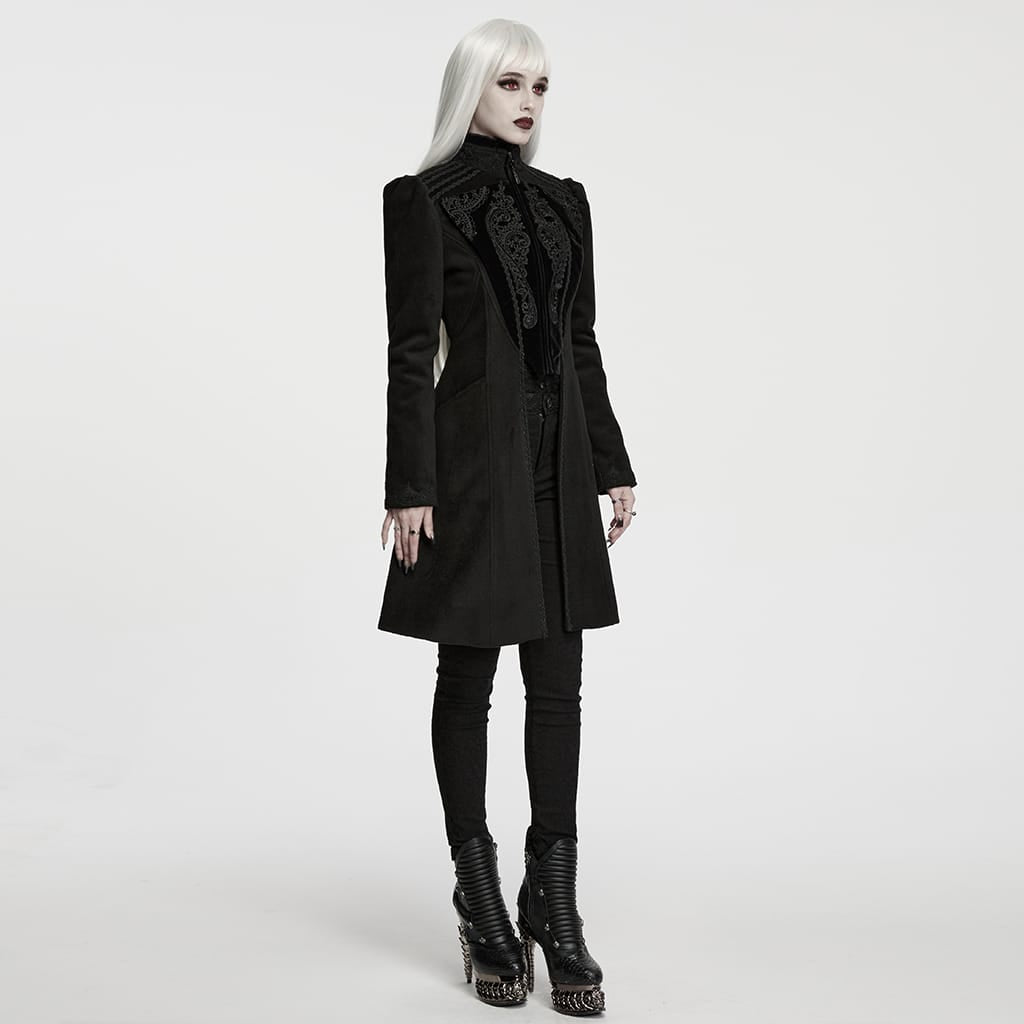 PUNK RAVE Women's Gothic Applique Lace-up Zipper Front Coat Black