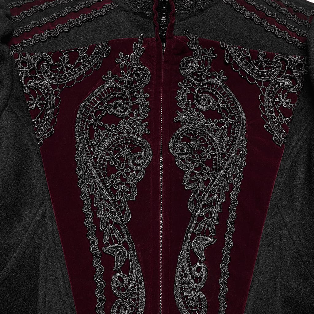 PUNK RAVE Women's Gothic Applique Lace-up Zipper Front Coat Black-Red
