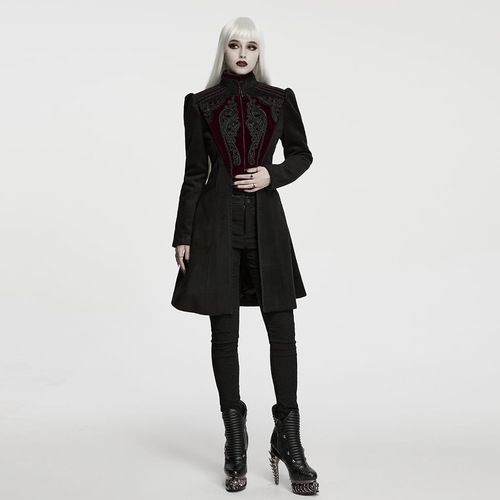 PUNK RAVE Women's Gothic Applique Lace-up Zipper Front Coat Black-Red