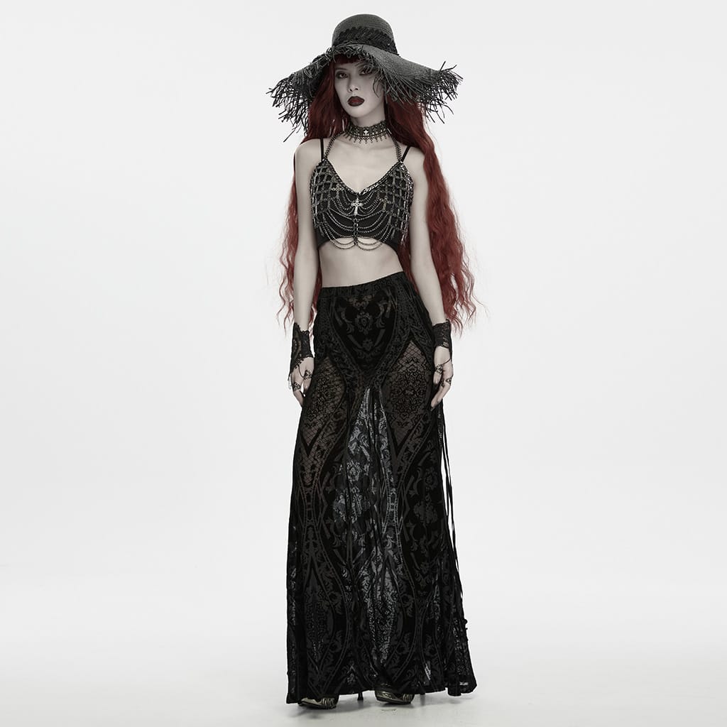 PUNK RAVE Women's Gothic Applique Rose Wide Brim Straw Hat