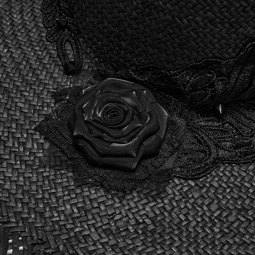 PUNK RAVE Women's Gothic Applique Rose Wide Brim Straw Hat