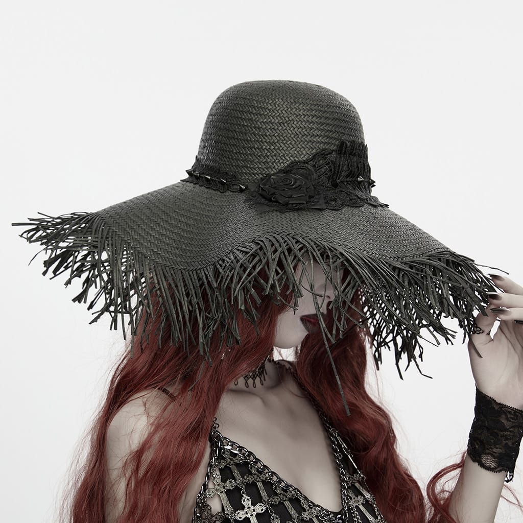 PUNK RAVE Women's Gothic Applique Rose Wide Brim Straw Hat