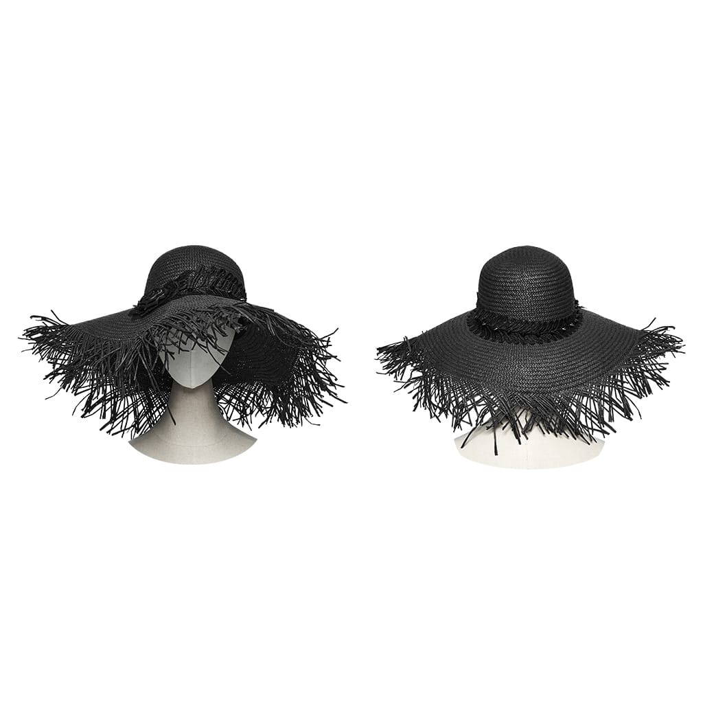 PUNK RAVE Women's Gothic Applique Rose Wide Brim Straw Hat