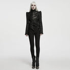 PUNK RAVE Women's Gothic Asymmetric Buckle Strap Jacquard Long Sleeve Jacket