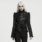 PUNK RAVE Women's Gothic Asymmetric Buckle Strap Jacquard Long Sleeve Jacket