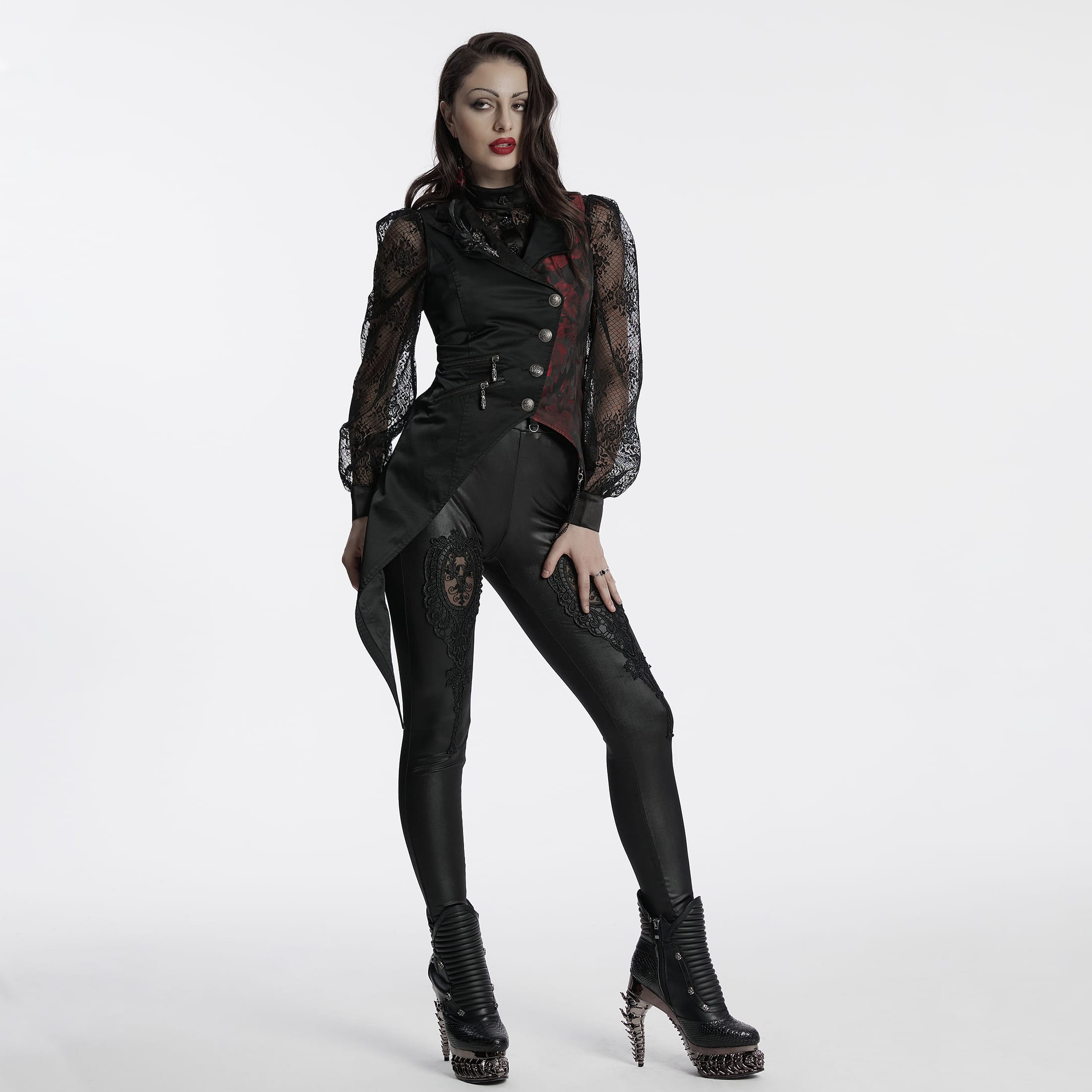 PUNK RAVE Women's Gothic Asymmetric Floral Bat Wing Collar Vest with Detachable Brooch