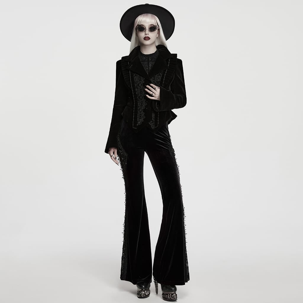 PUNK RAVE Women's Gothic Asymmetric Lace-up Lapel Velvet Coat Black