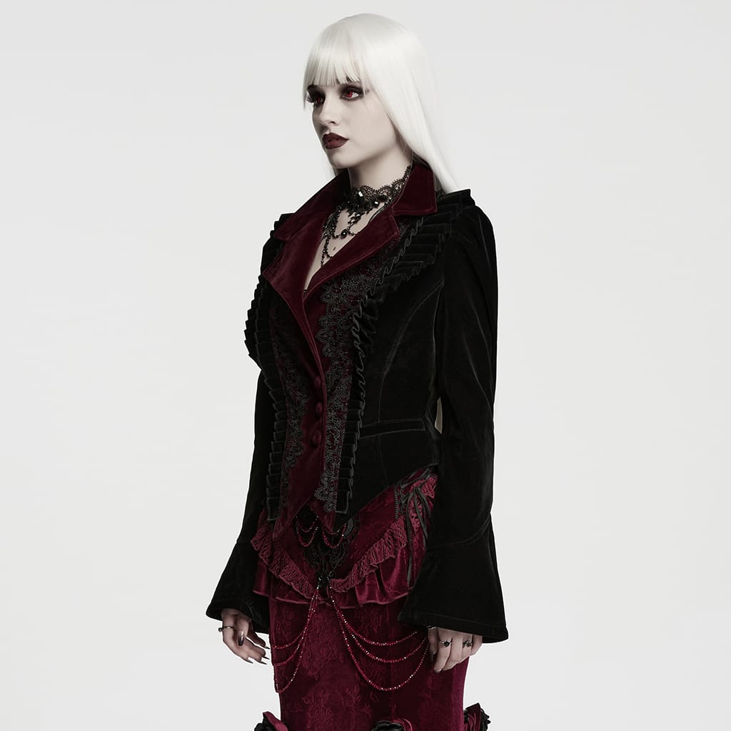 PUNK RAVE Women's Gothic Asymmetric Lace-up Lapel Velvet Coat Black-Red