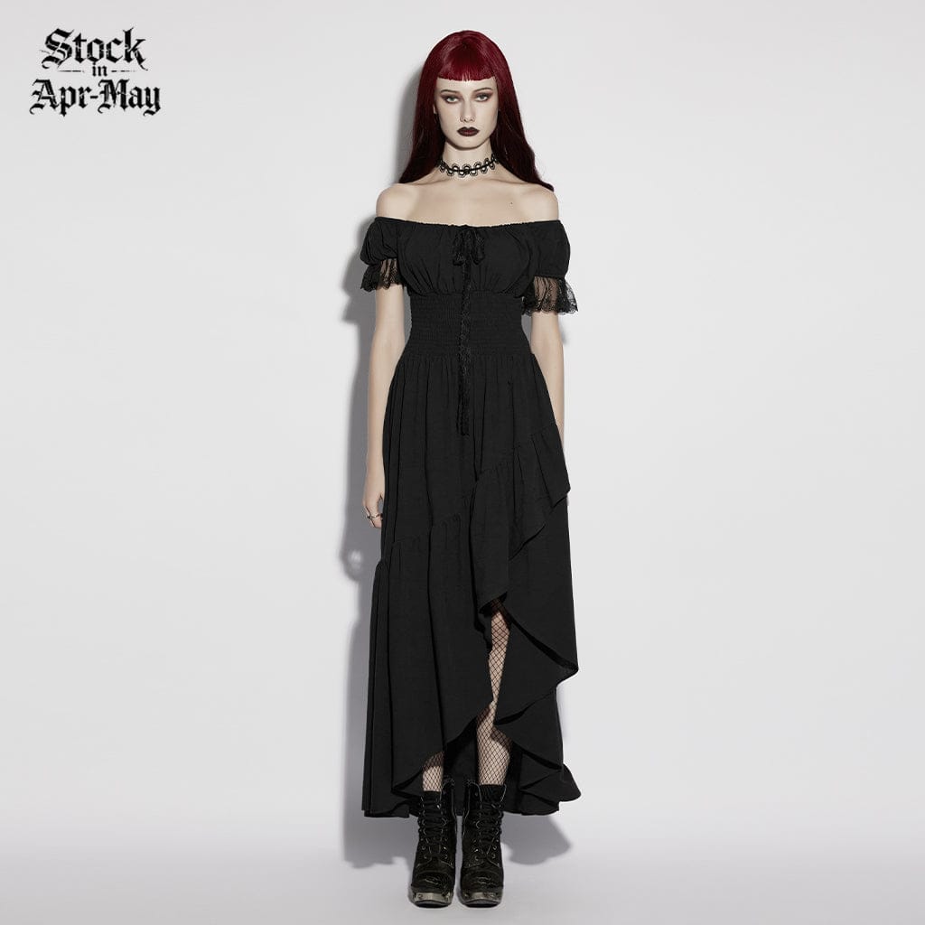 PUNK RAVE Women's Gothic Asymmetric Ruffled Off Shoulder Dress