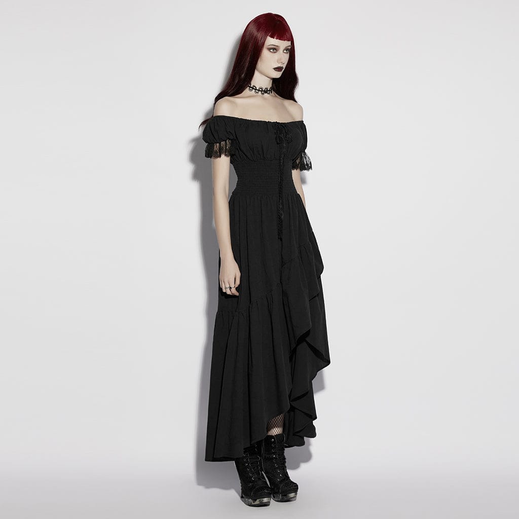 PUNK RAVE Women's Gothic Asymmetric Ruffled Off Shoulder Dress