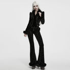PUNK RAVE Women's Gothic Bat Jacquard Faux Fur Trim Velvet Long Sleeve Top