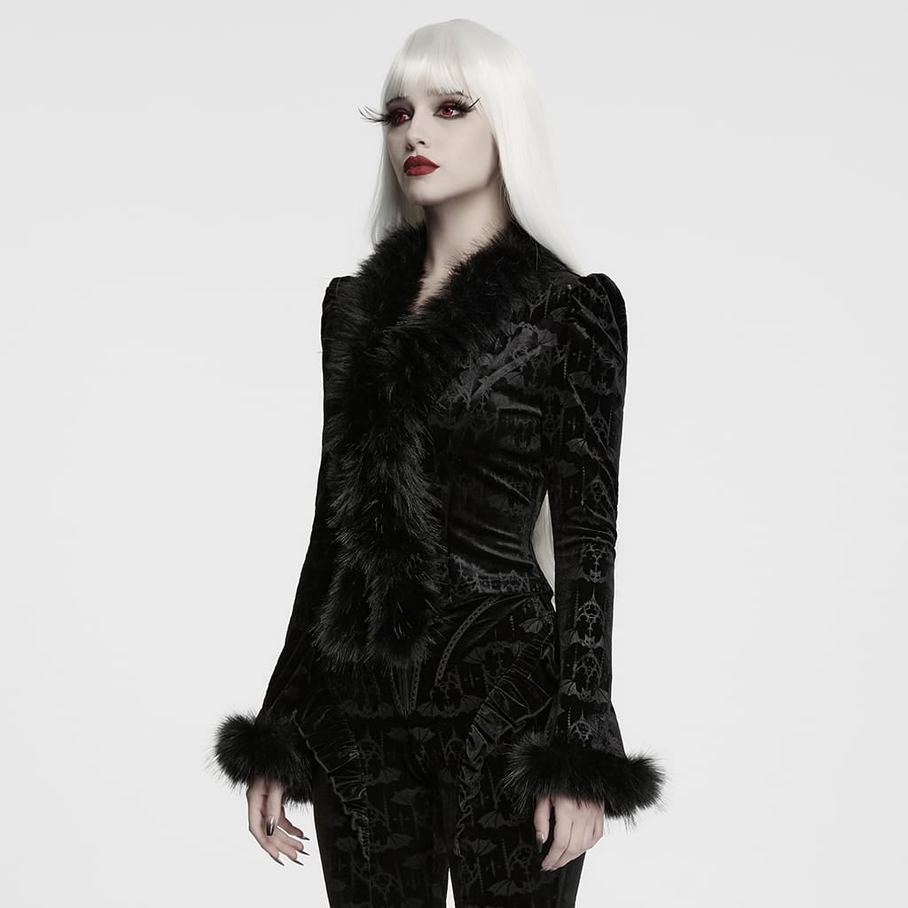 PUNK RAVE Women's Gothic Bat Jacquard Faux Fur Trim Velvet Long Sleeve Top