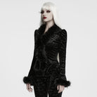 PUNK RAVE Women's Gothic Bat Jacquard Faux Fur Trim Velvet Long Sleeve Top