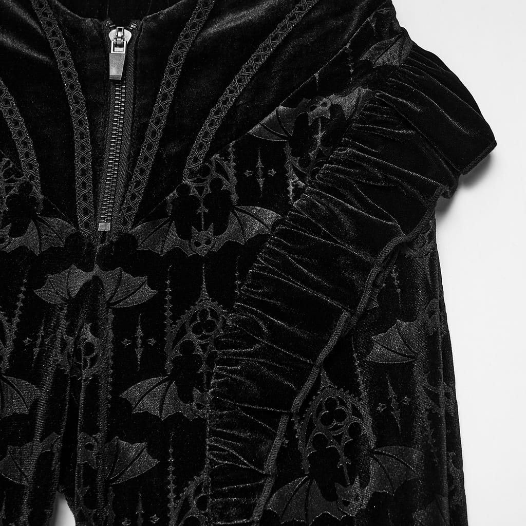PUNK RAVE Women's Gothic Bat Jacquard Ruffle Trim Velvet Flare Pants
