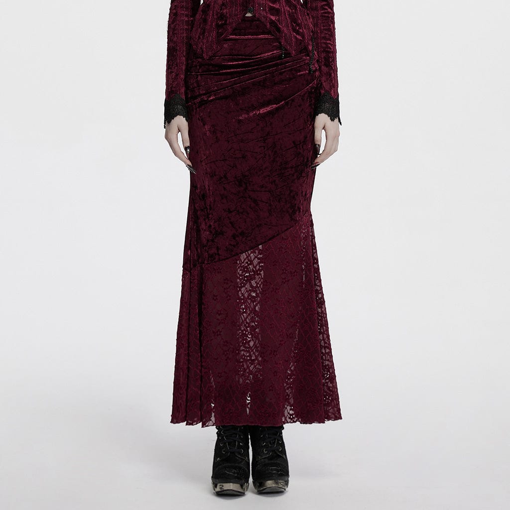 PUNK RAVE Women's Gothic Batwing Lace Splice Velvet Fishtailed Skirt Red