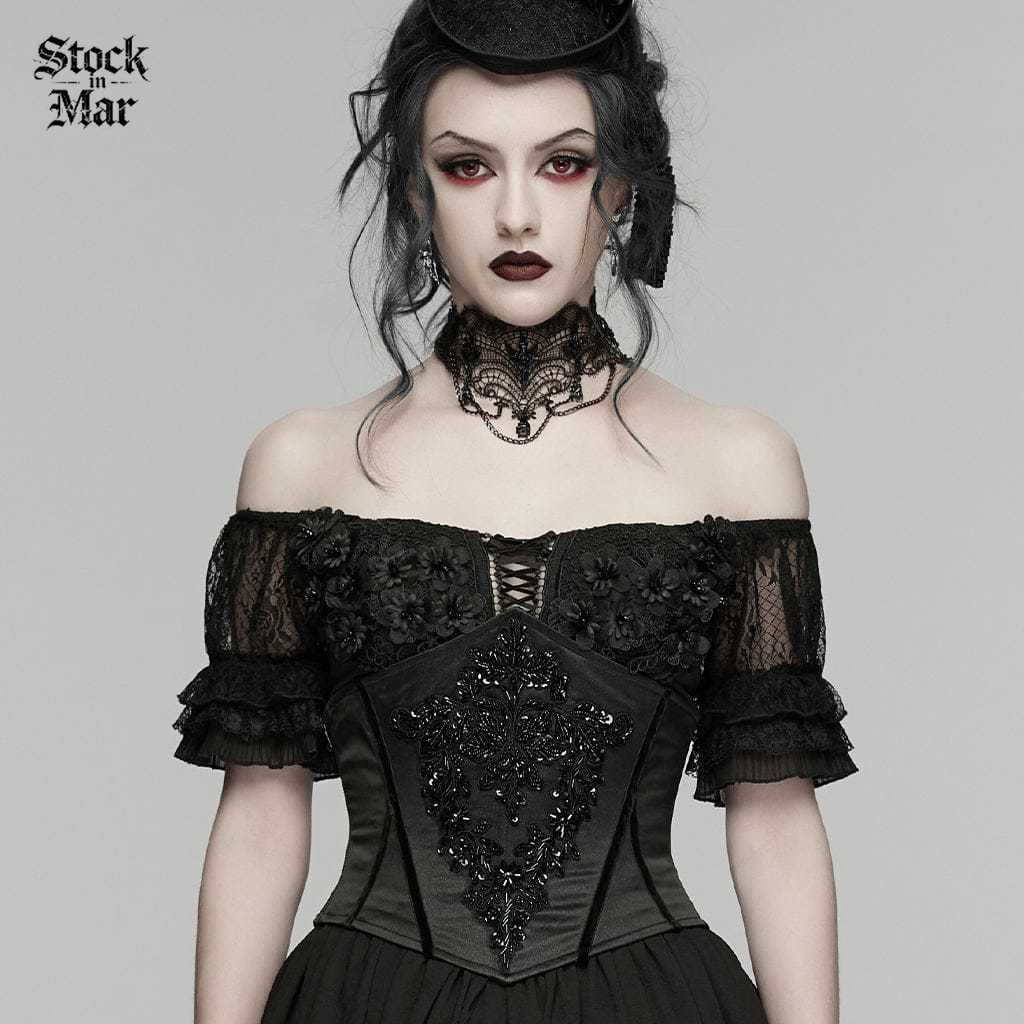 PUNK RAVE Women's Gothic Beaded Embroidered Underbust Corset