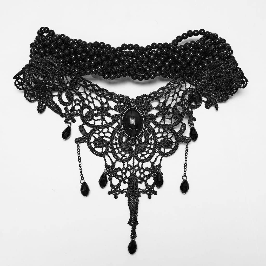 PUNK RAVE Women's Gothic Beaded Lace Choker Black