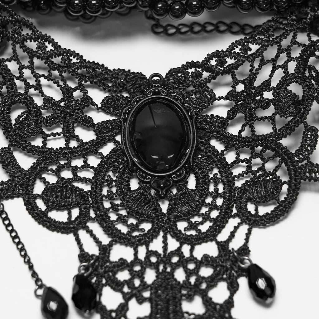 PUNK RAVE Women's Gothic Beaded Lace Choker Black