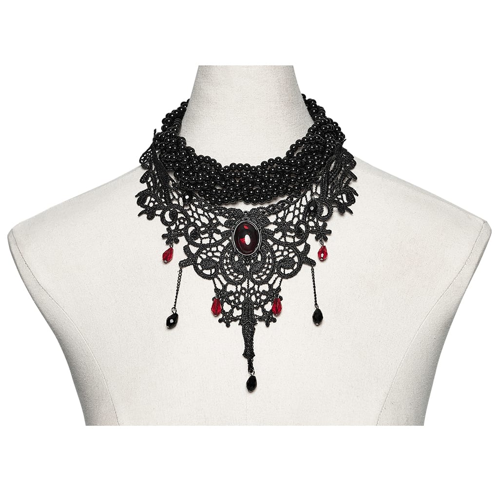 PUNK RAVE Women's Gothic Beaded Lace Choker Black-Red