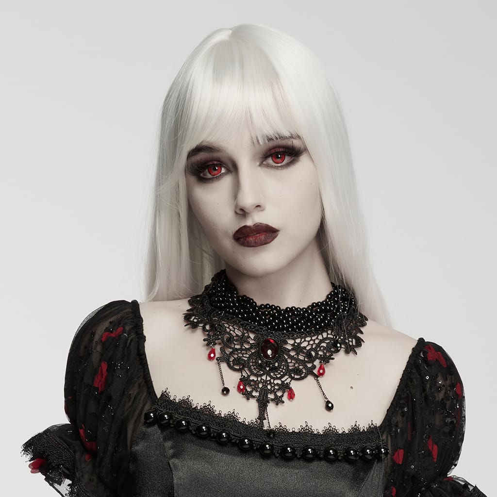 PUNK RAVE Women's Gothic Beaded Lace Choker Black-Red