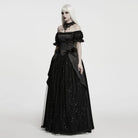 PUNK RAVE Women's Gothic Beaded Rose Square-cut Collar Puff Sleeve Maxi Dress Black
