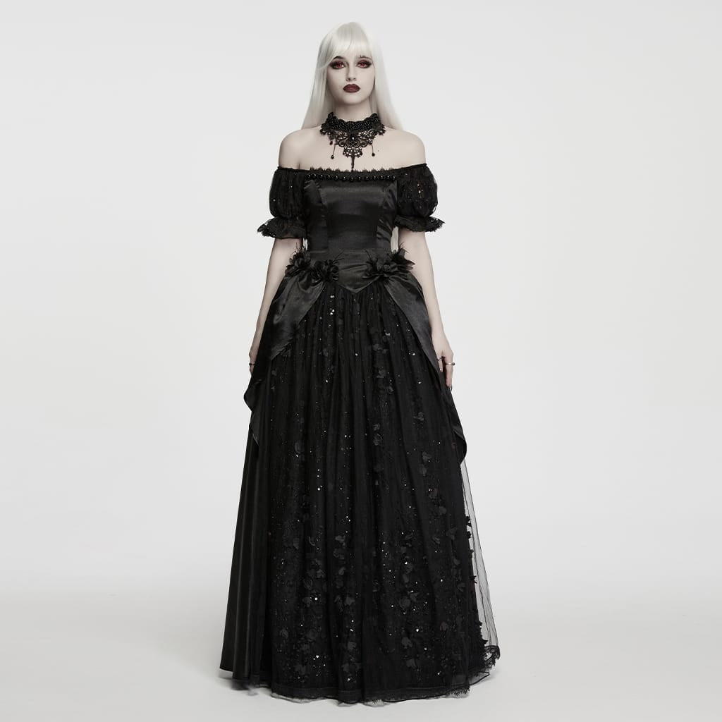 PUNK RAVE Women's Gothic Beaded Rose Square-cut Collar Puff Sleeve Maxi Dress Black
